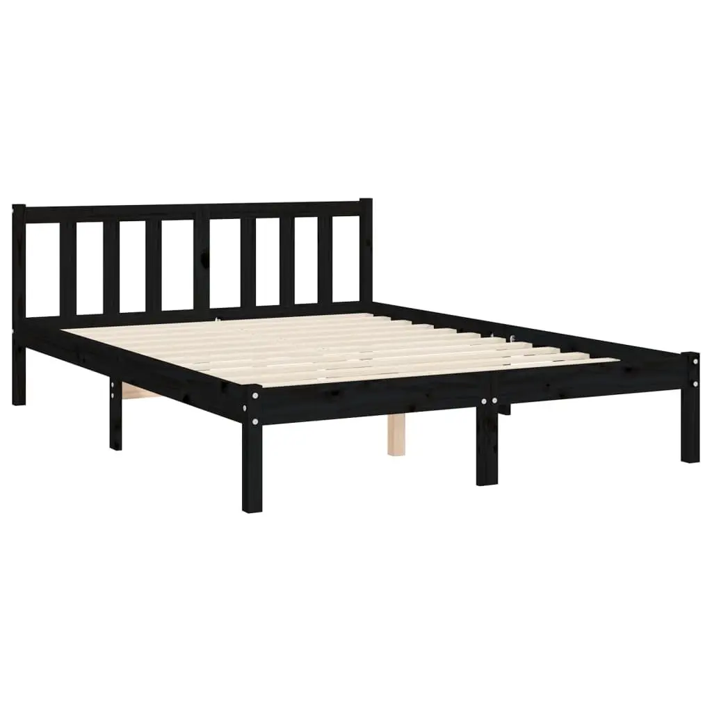 Bed Frame Black 135x190 cm Solid Pine Wood Bedroom Furniture Plywood Slats