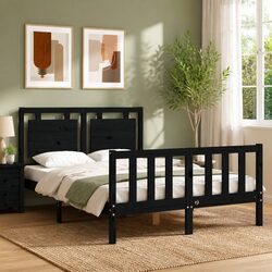 135x190 cm Black Solid Pine Bed Frame for Queen Mattress