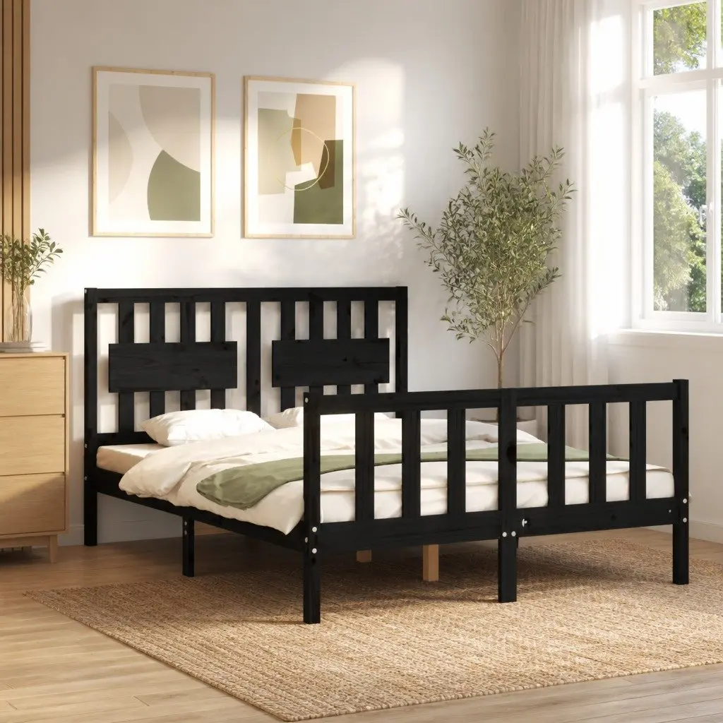 Solid Wood Pine Bed Frame 135x190 cm Black Wooden Bed with Headboard Footboard