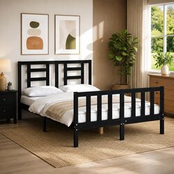 Solid Wood Pine Bed Frame 135x190 cm Black Wooden Bedroom Furniture Slats