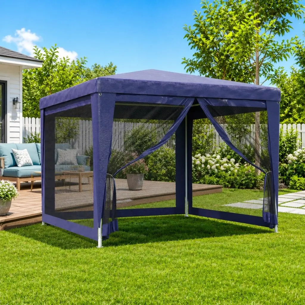 Party Tent Outdoor Use 3x3m Blue Mesh Sidewalls Gazebo Canopy Pavilion Shelter