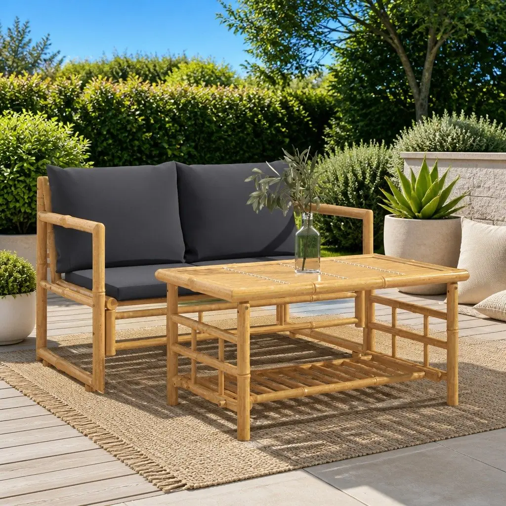 Bamboo Garden Lounge Set for Outdoor Patio 2 Piece with Grey Cushions