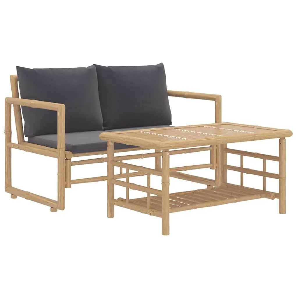 Bamboo Garden Lounge Set for Outdoor Patio 2 Piece with Grey Cushions