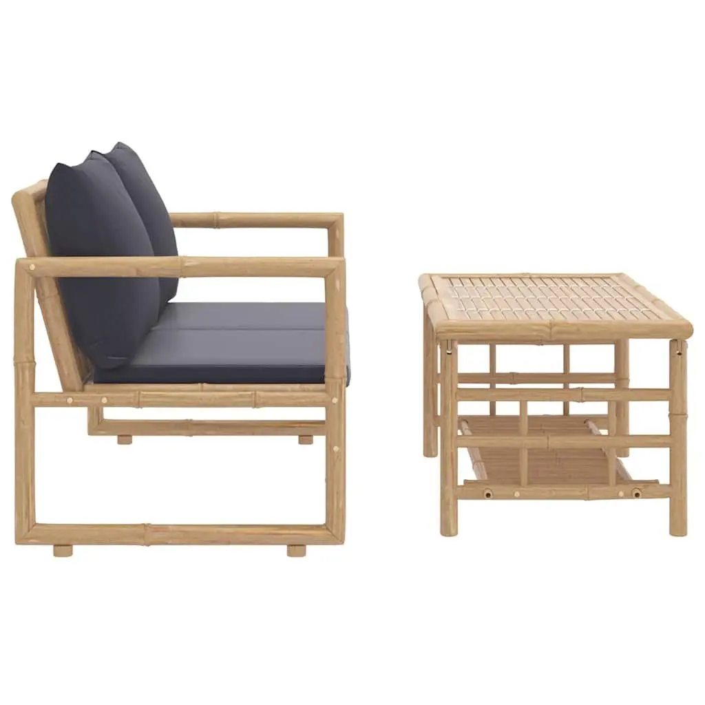 Bamboo Garden Lounge Set for Outdoor Patio 2 Piece with Grey Cushions