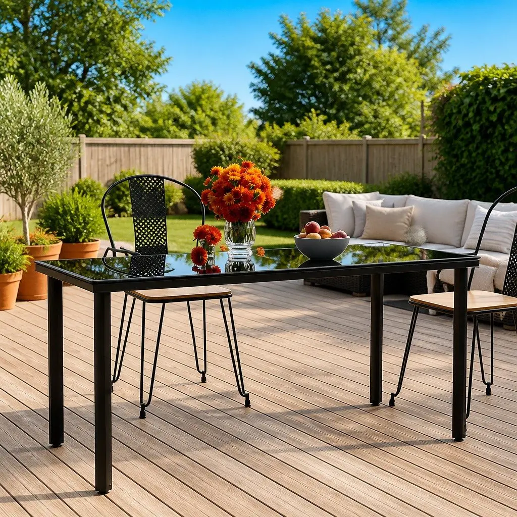 Garden Dining Table Outdoor 160x80x74cm Black Steel Frame Tempered Glass