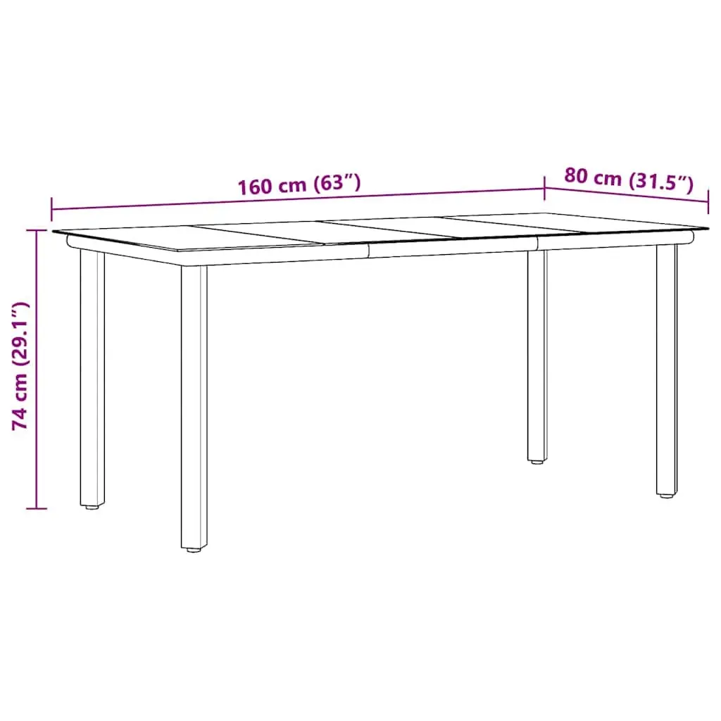 Garden Dining Table Outdoor 160x80x74cm Black Steel Frame Tempered Glass