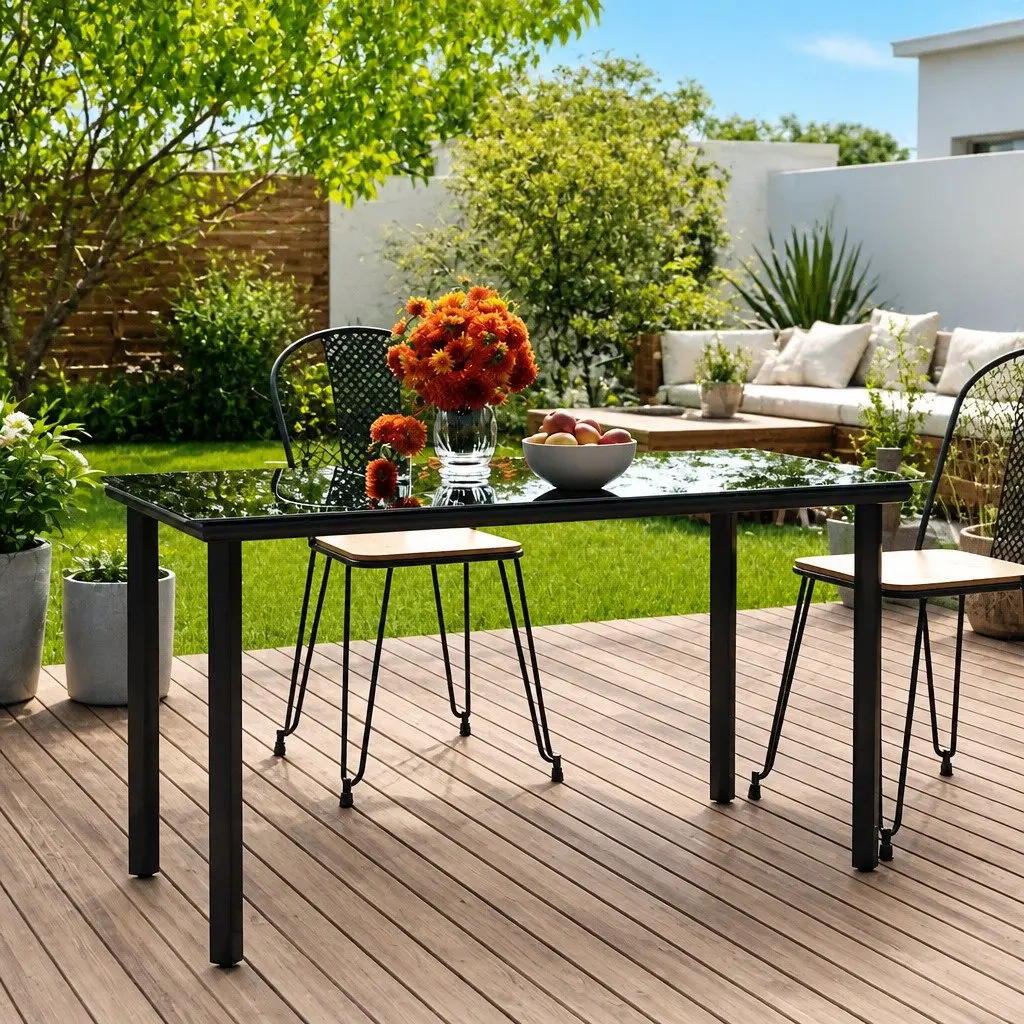 Garden Dining Table for Outdoor Use 200x100x74cm Black Steel Tempered Glass