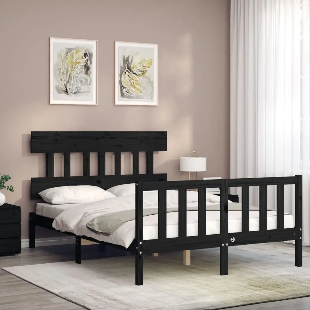 Solid Wood Pine Bed Frame 135x190 cm Black Wooden Bedroom Furniture Headboard