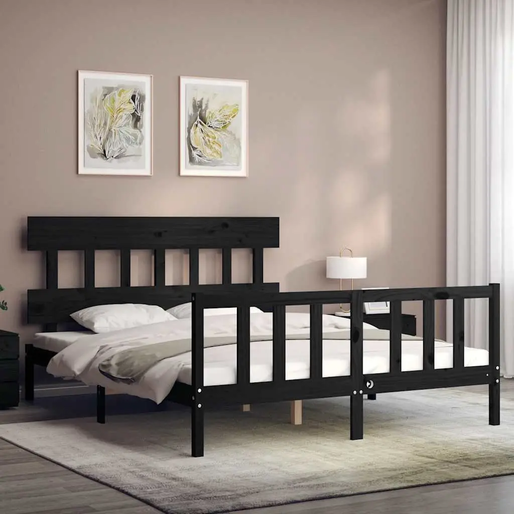 Bed Frame Black 150x200 cm Solid Pine Wood Headboard Footboard Bedroom Furniture
