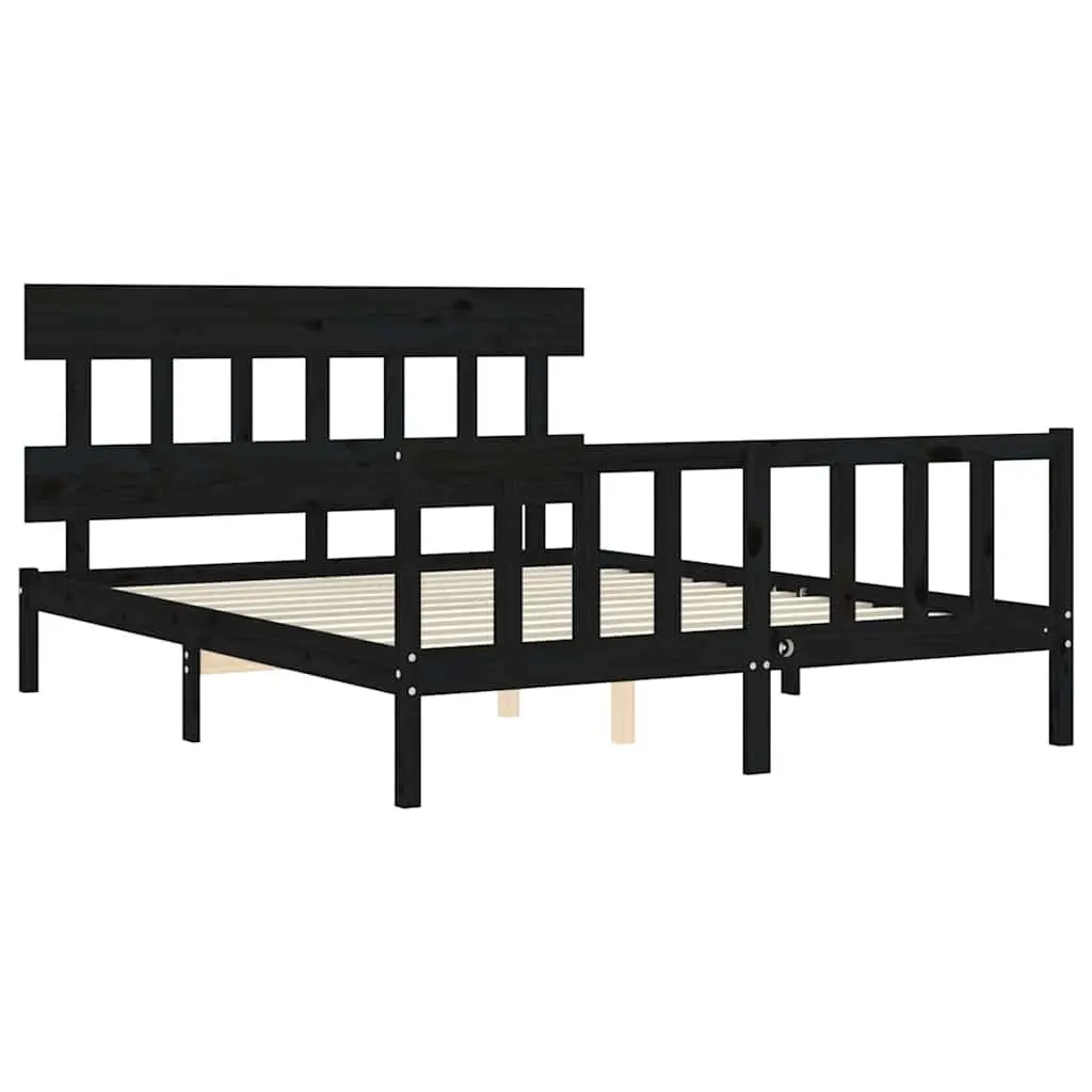 Bed Frame Black 150x200 cm Solid Pine Wood Headboard Footboard Bedroom Furniture