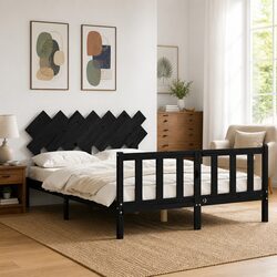 Bed Frame 150x200 cm Solid Pine Wood Headboard Footboard Black Bedroom Furniture
