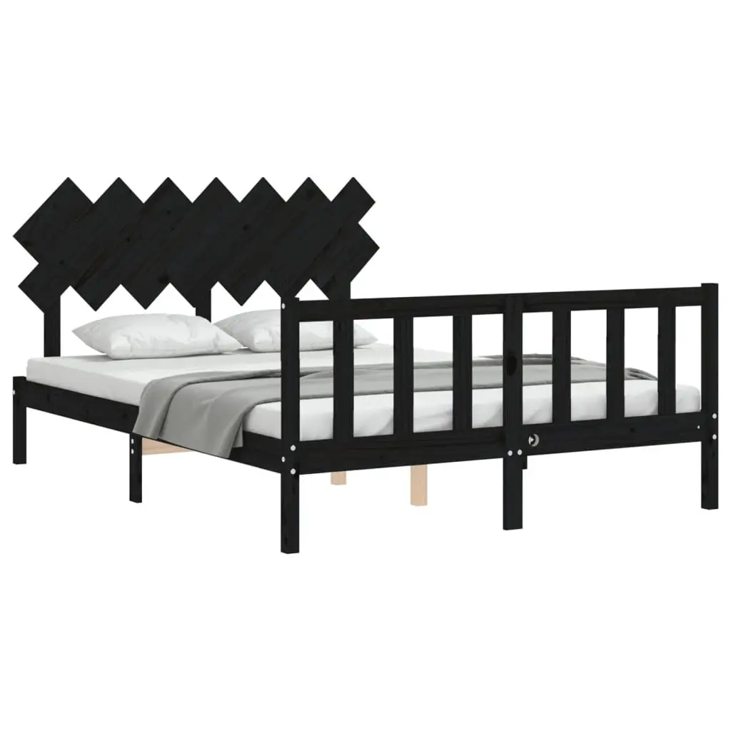 Bed Frame 150x200 cm Solid Pine Wood Headboard Footboard Black Bedroom Furniture