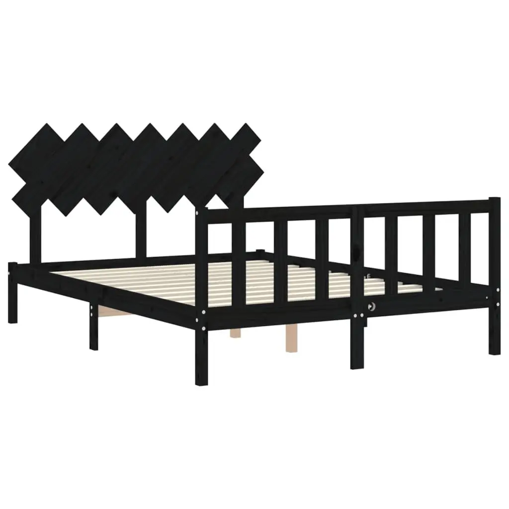 Bed Frame 150x200 cm Solid Pine Wood Headboard Footboard Black Bedroom Furniture