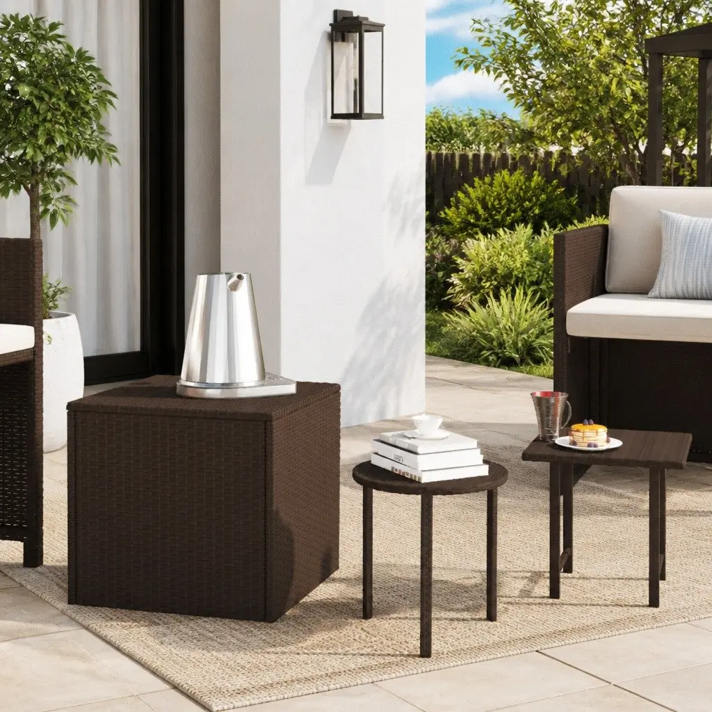 Rattan Side Tables Set of 3 Outdoor Brown Different Sizes Shapes
