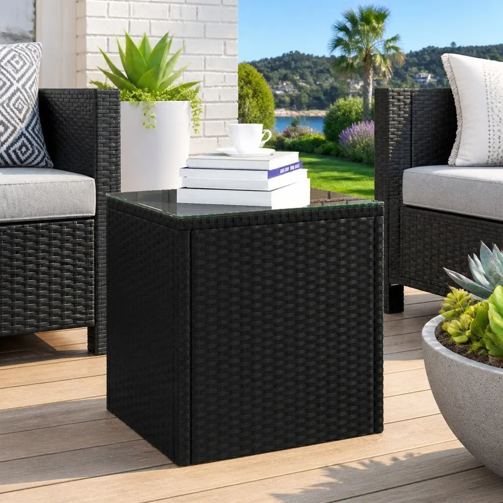 End Table Black 40x37x40.5cm Poly Rattan Tempered Glass Top Side Coffee Table