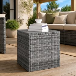 Side Table Grey Outdoor Garden Accent Poly Rattan Tempered Glass End Table