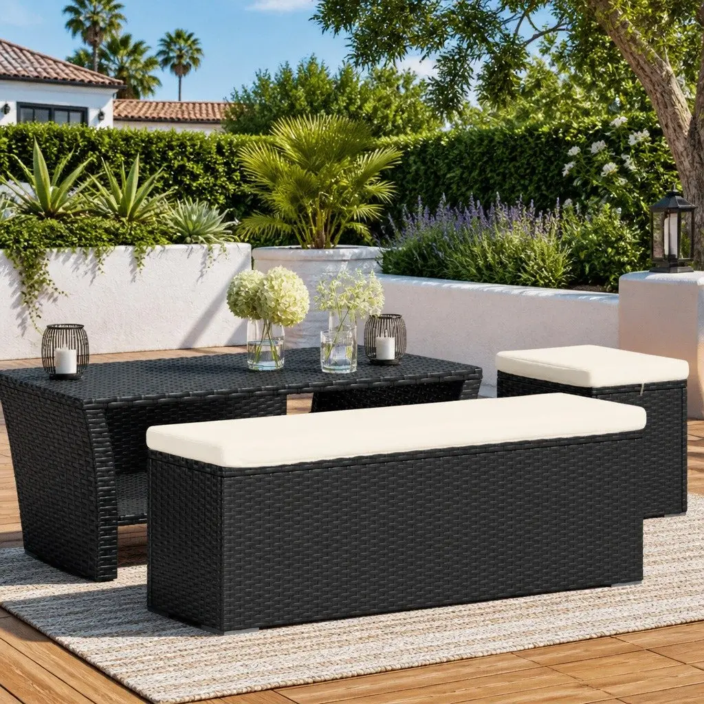 Outdoor Ottoman Bench for Patio and Garden 110 x 30 x 40 cm Black Poly Rattan with Removable Cushion