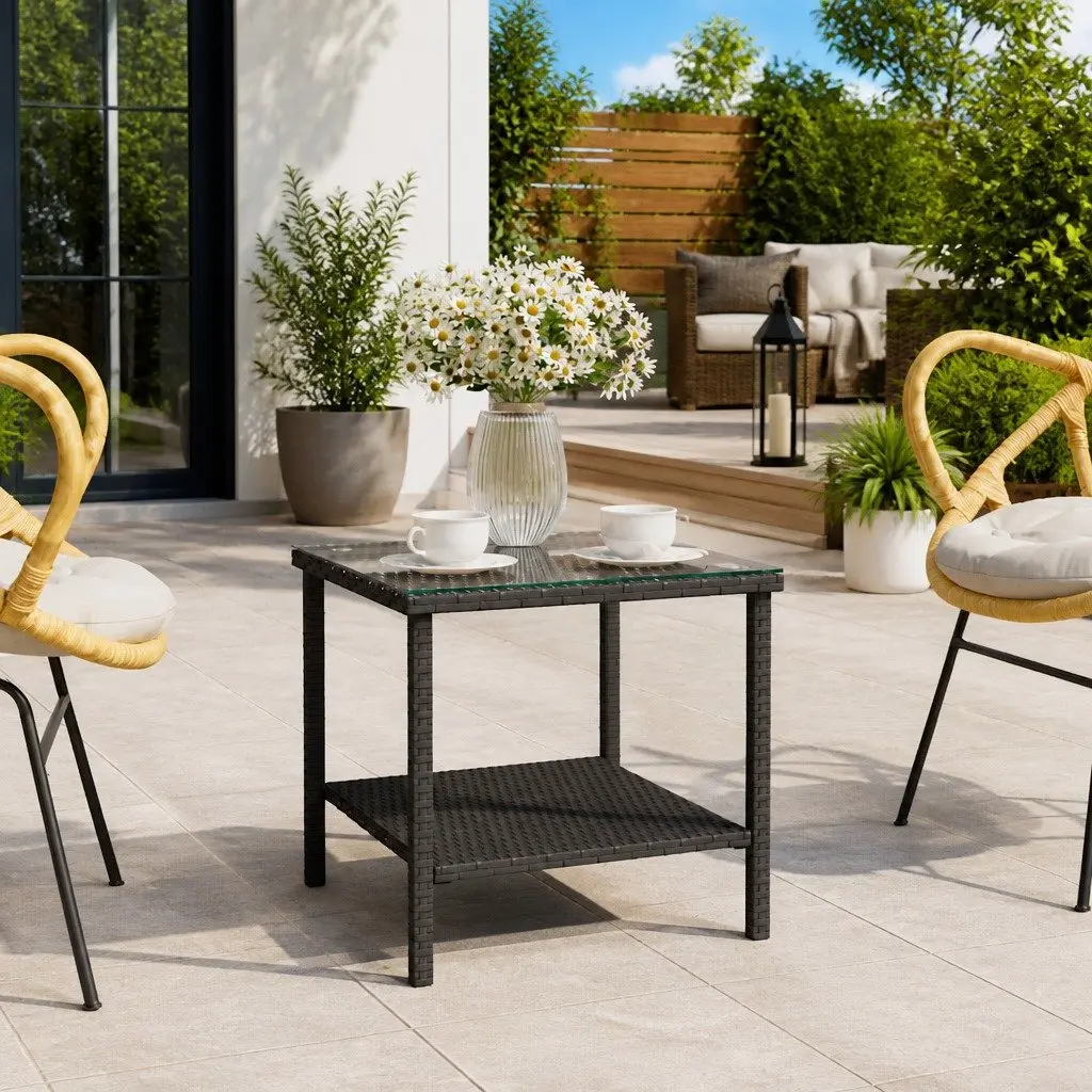 Side Table for Garden Patio Outdoor 45x45x45cm Poly Rattan Tempered Glass Top