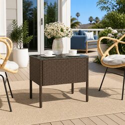 Brown Poly Rattan and Glass Side Table 53x37x48 cm