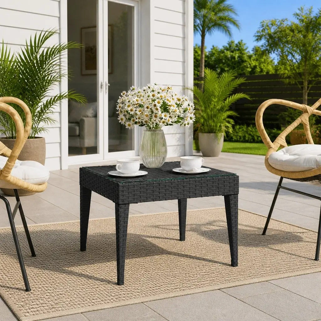 Side Table Indoor Outdoor Black 50x50x38 cm Poly Rattan Tempered Glass