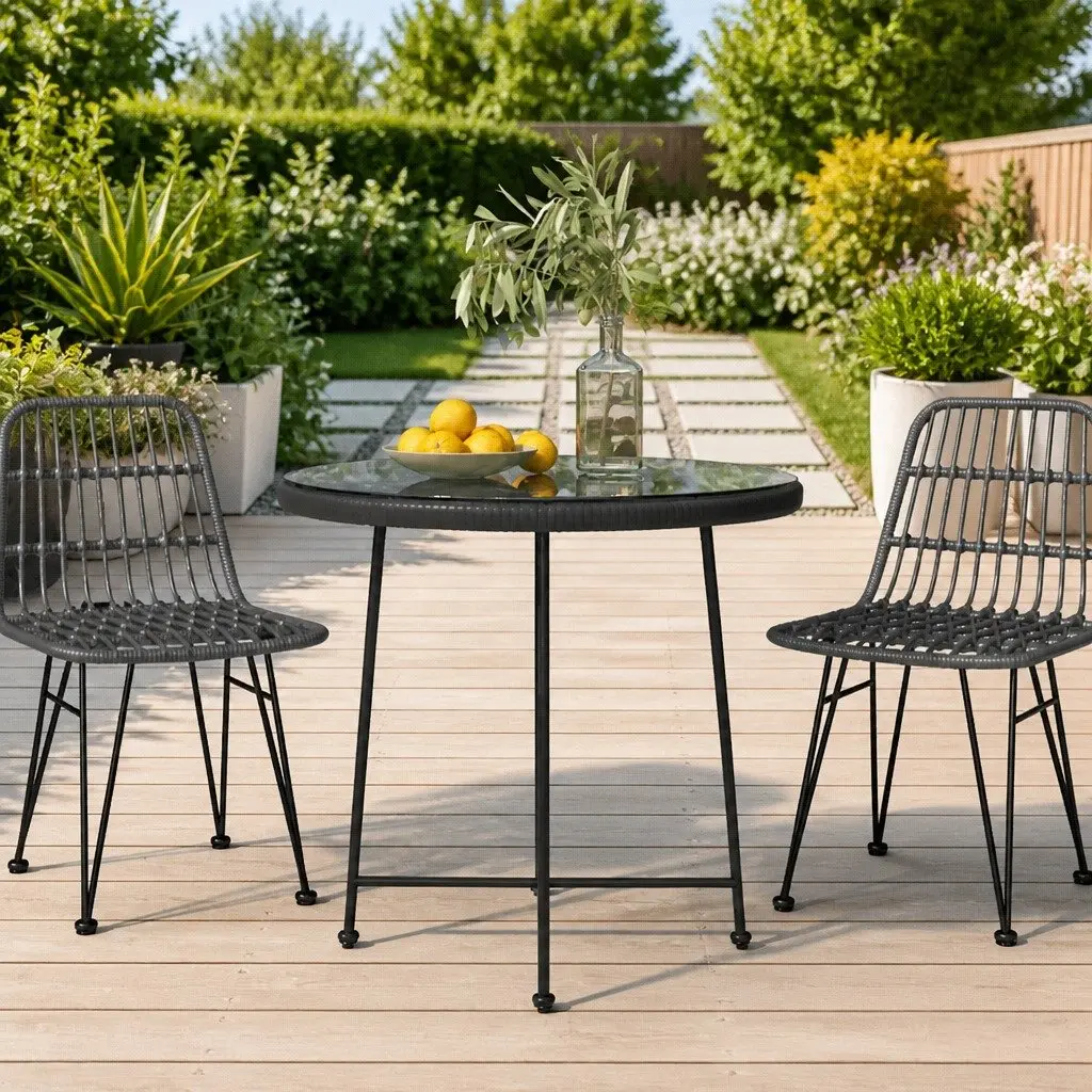 Outdoor Dining Table Round Black 80 cm Tempered Glass Patio Garden Furniture