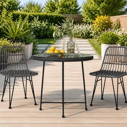 Outdoor Dining Table Round Black Tempered Glass Patio Bistro Garden Furniture