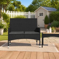 2-Seater Outdoor Garden Bench with Cushions Armrest Backrest Black Poly Rattan
