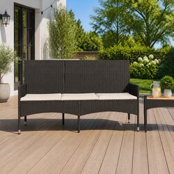 3-Seater Garden Bench: Black Poly Rattan with Cushions