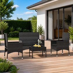 Garden Lounge Set: 4-Piece Black Poly Rattan Furniture