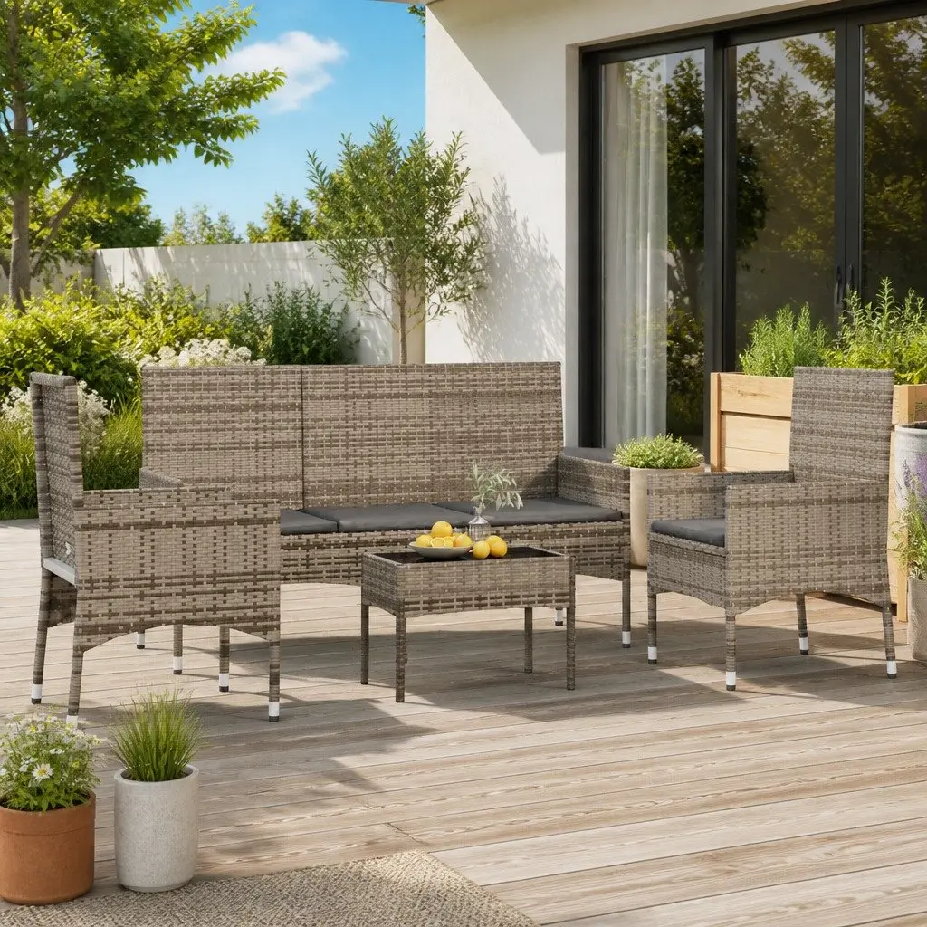 Garden Lounge Set Outdoor Furniture 4 Piece Grey Poly Rattan with Cushions