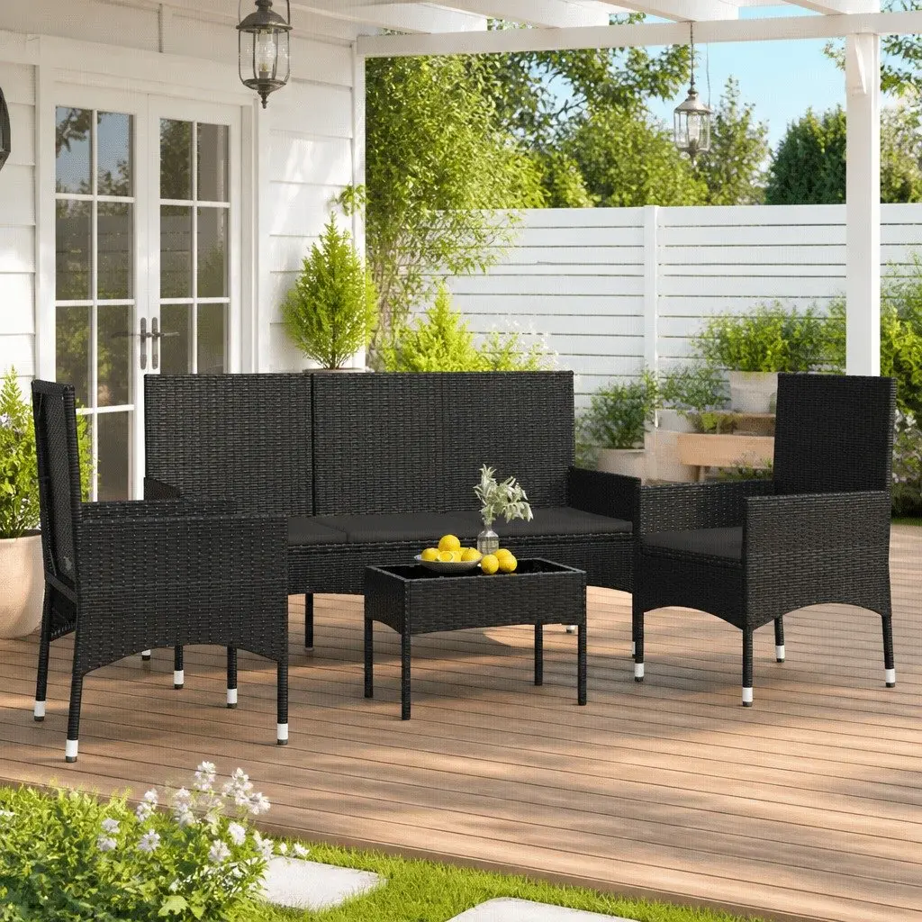 4 Piece Outdoor Garden Lounge Set for Patio Black Poly Rattan