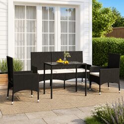 Garden Lounge Set 4 Piece Outdoor Furniture Black Poly Rattan with Cushions