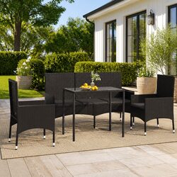 4 Piece Outdoor Lounge Set: Poly Rattan, Black, Cushions Included