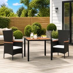Garden Table Outdoor Dining Poly Rattan Black Steel Frame Wooden Acacia Top