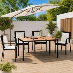 Garden Table Wooden Top Black Poly Rattan Acacia Wood Outdoor Patio Furniture