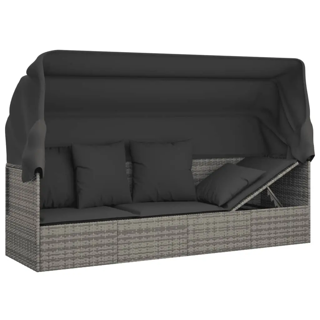 Outdoor Lounge Bed for Garden Patio Backyard with Canopy Roof Grey Poly Rattan