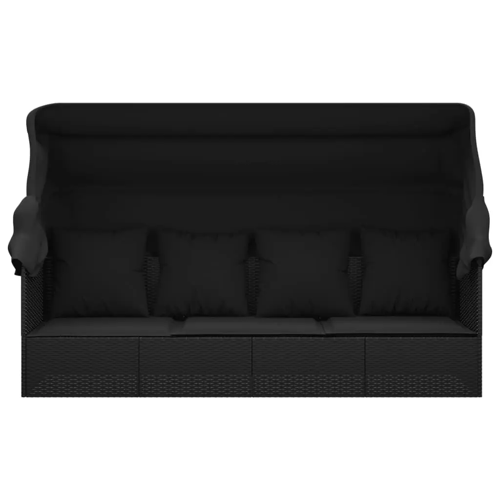 Outdoor Lounge Bed for Garden Patio Poolside with Adjustable Roof and Cushions Black Poly Rattan
