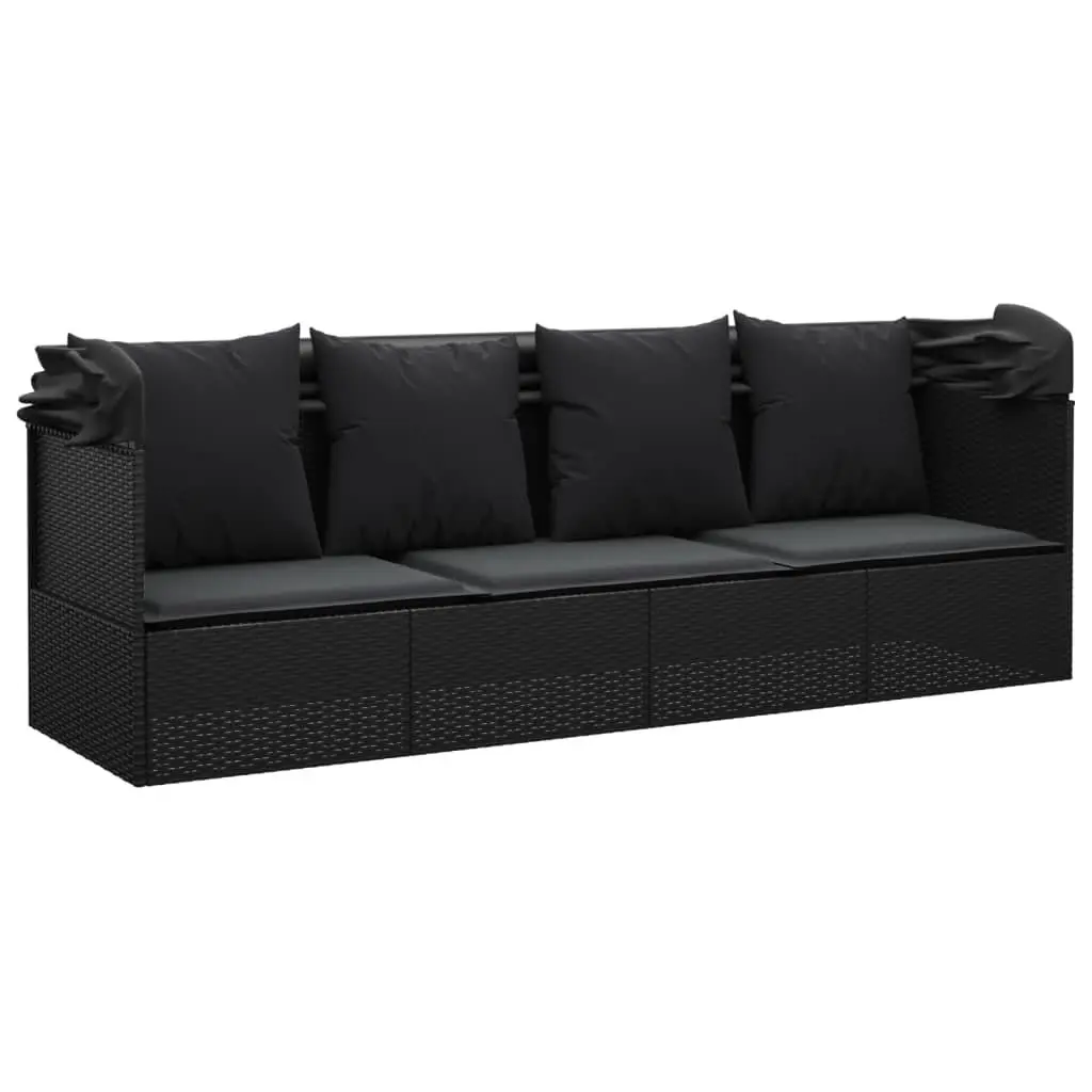 Outdoor Lounge Bed for Garden Patio Poolside with Adjustable Roof and Cushions Black Poly Rattan