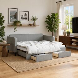 Daybed with Trundle and Storage Drawers Sofa Bed Guest Bedroom Furniture Grey