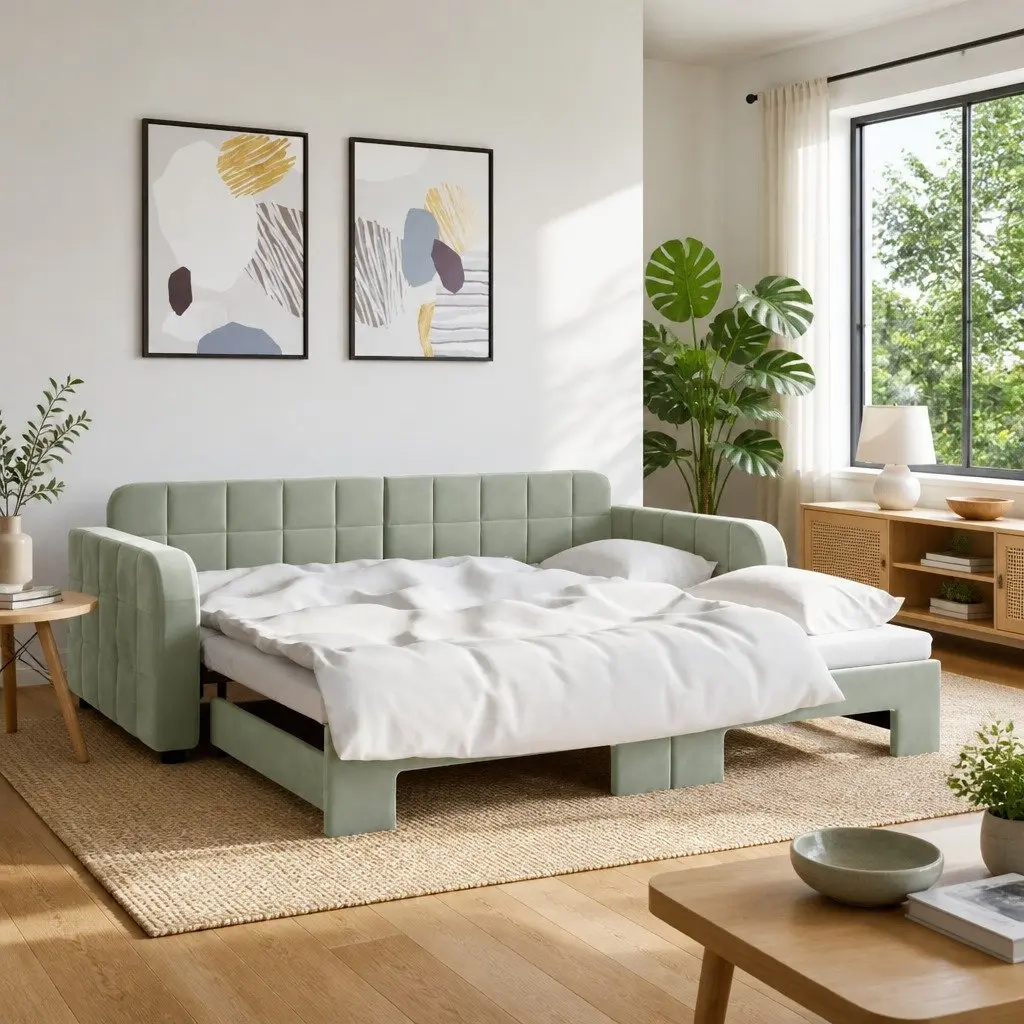 Grey Daybed with Trundle Sofa Bed 90x190 cm Space-Saving Furniture for Living Room or Bedroom
