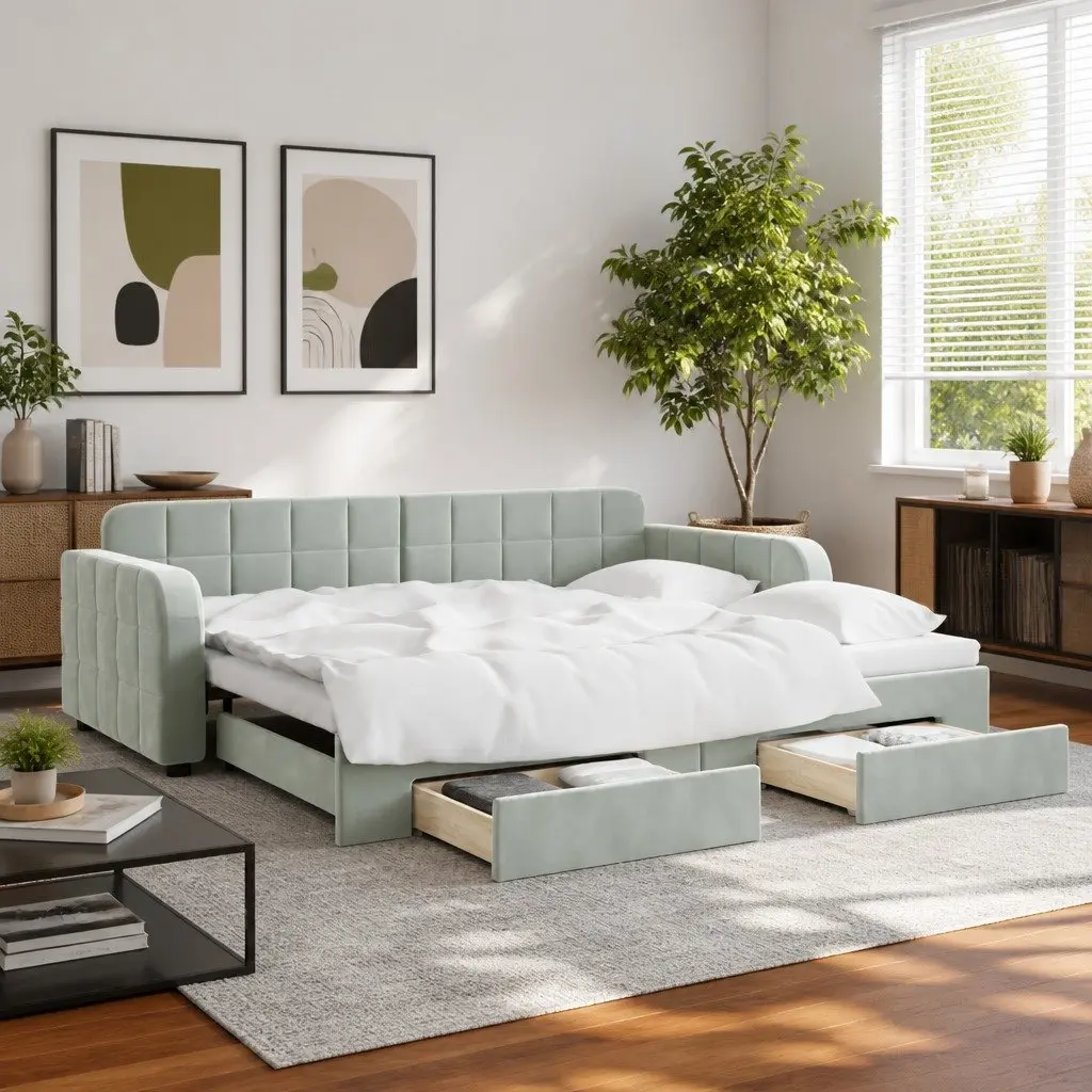 Daybed with Trundle and Storage Drawers Sofa Bed Grey 90x190cm Guest Bedroom