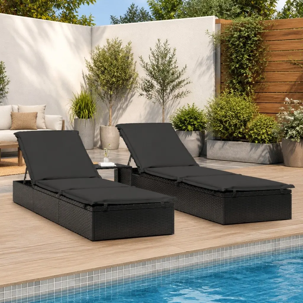 Sun Loungers Outdoor Seating Adjustable Black Poly Rattan 2 Piece with Table