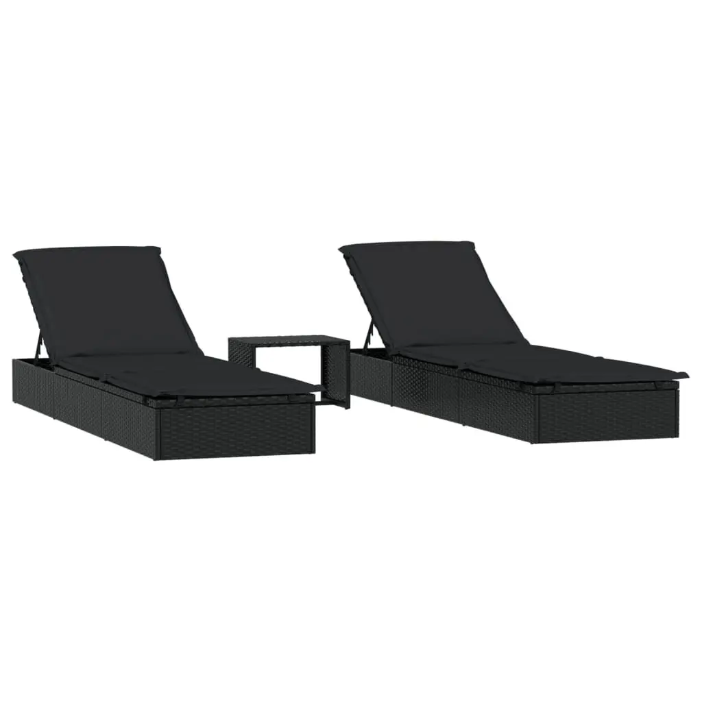 Sun Loungers Outdoor Seating Adjustable Black Poly Rattan 2 Piece with Table