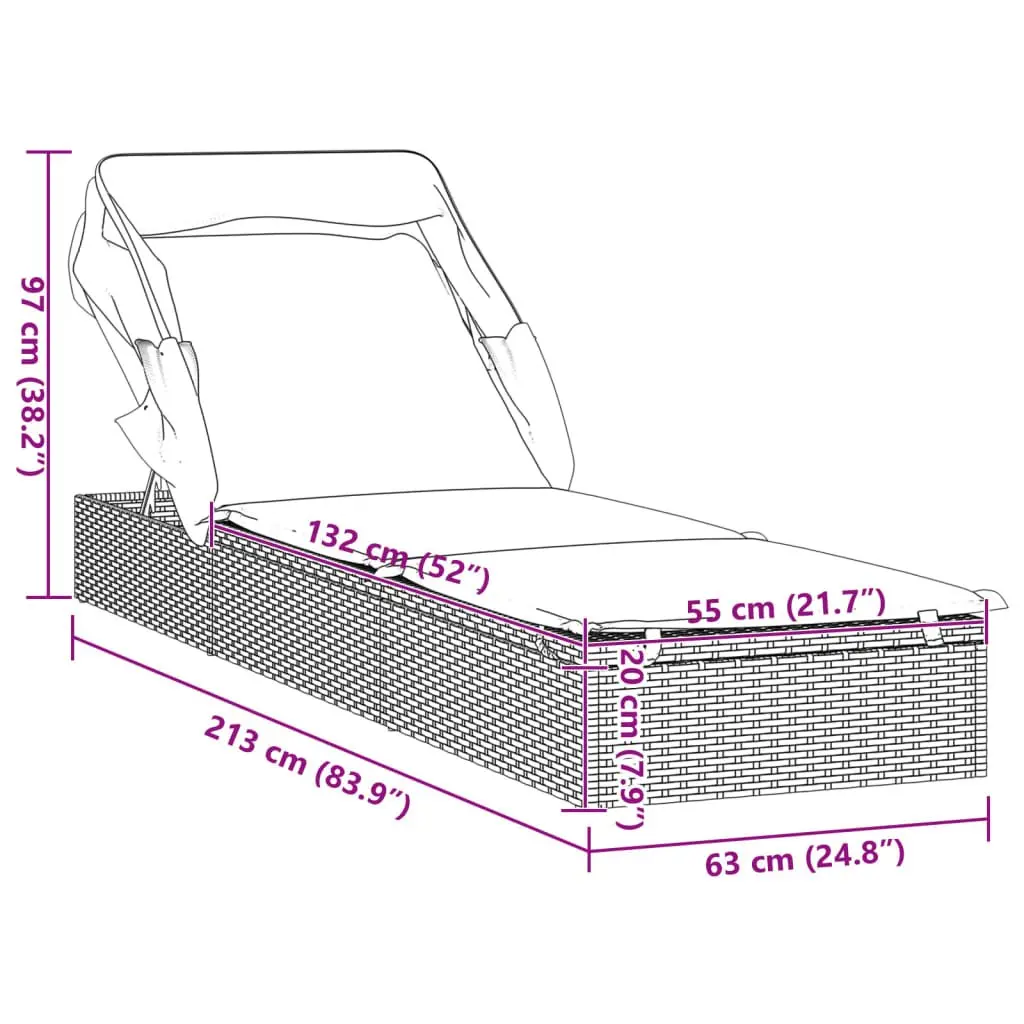Sun Lounger Daybed Outdoor Garden Patio Recliner Chair Adjustable Foldable Roof 213 x 63 x 97 cm