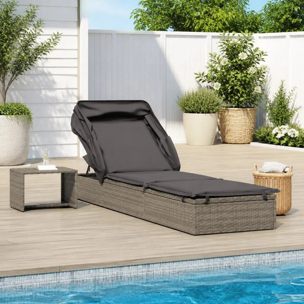 Sun Lounger Sunbed Foldable Roof Adjustable Reclining Outdoor Garden Patio