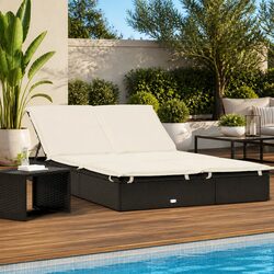2-Person Sun Lounger Daybed with Cushions Outdoor Garden Rattan Seating Black