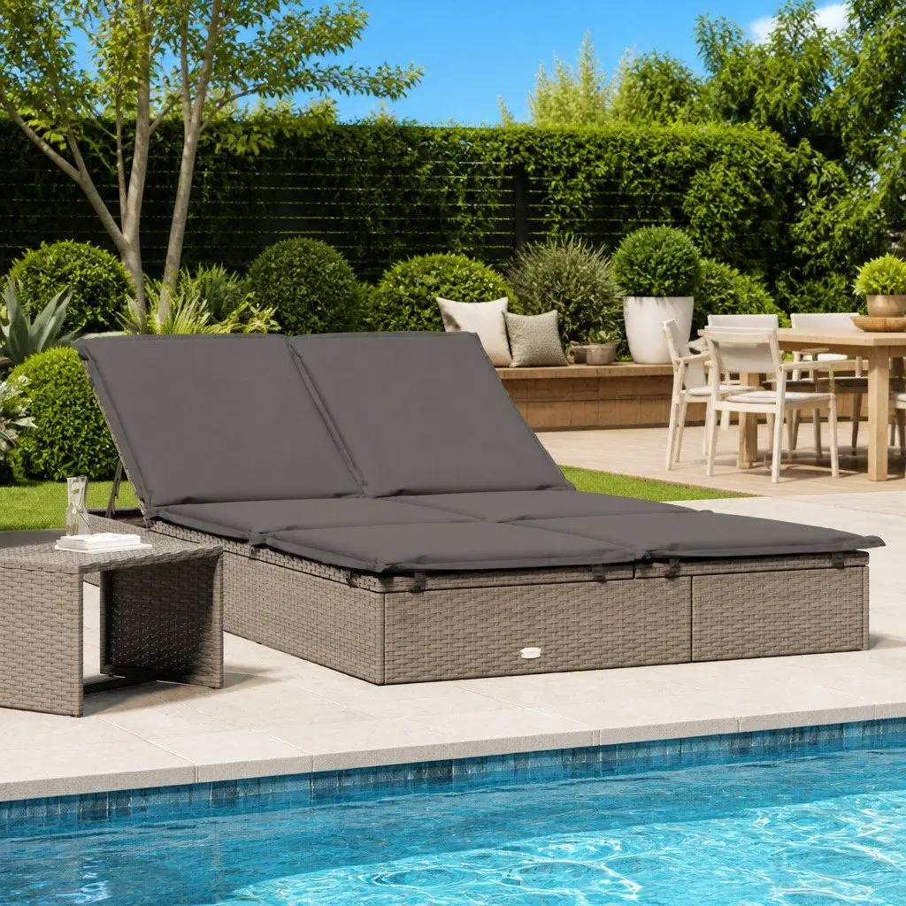 2-Person Sunbed for Outdoor Use Grey Adjustable Cushions