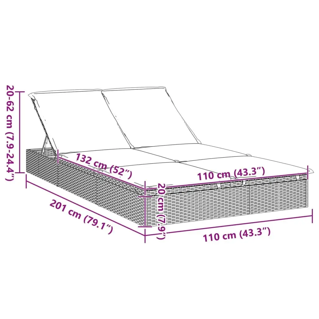 2-Person Sunbed for Outdoor Use Grey Adjustable Cushions