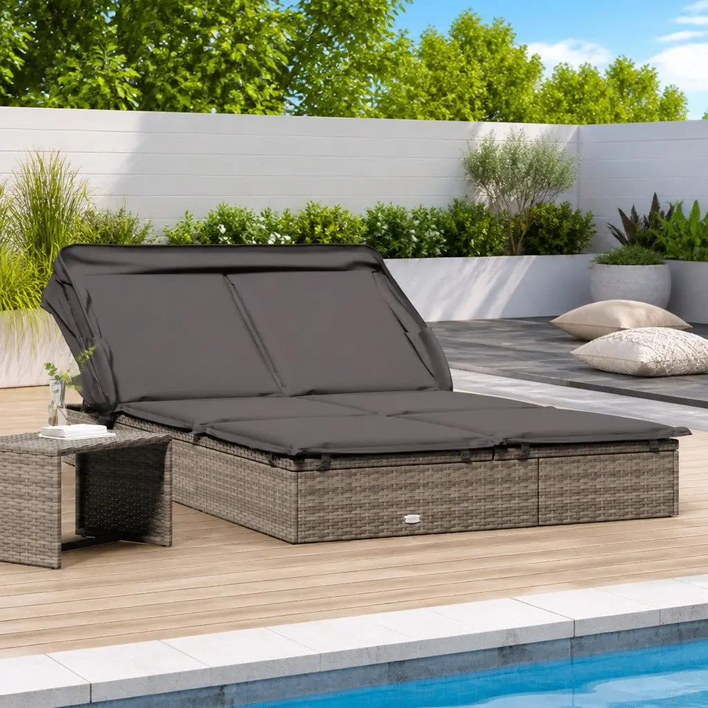 2-Person Sunbed Outdoor Garden Patio Reclining Daybed Grey