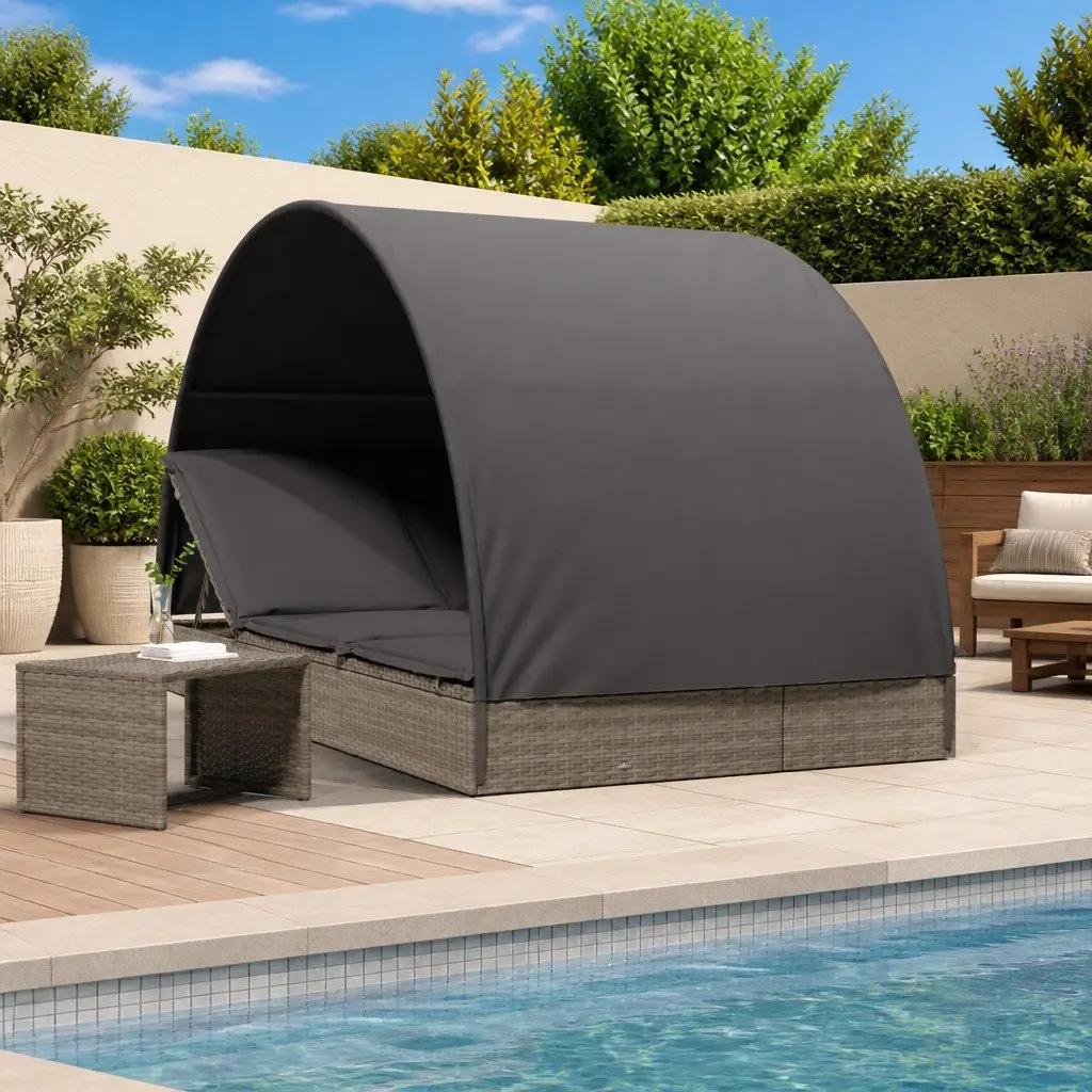 2-Person Sun Lounger Daybed for Outdoor Use with Round Roof Grey Rattan